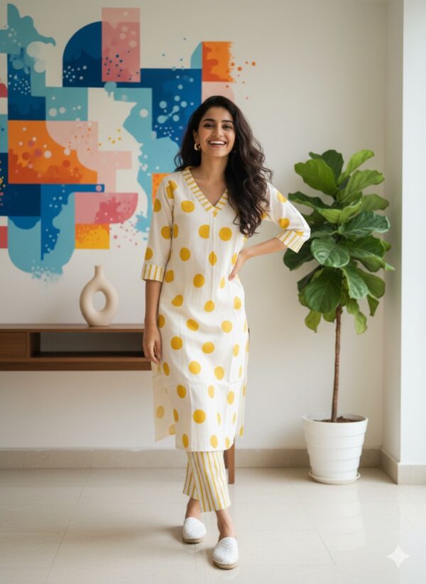 Women's Cotton Coord Set, Polka Dot  with Striped Pants